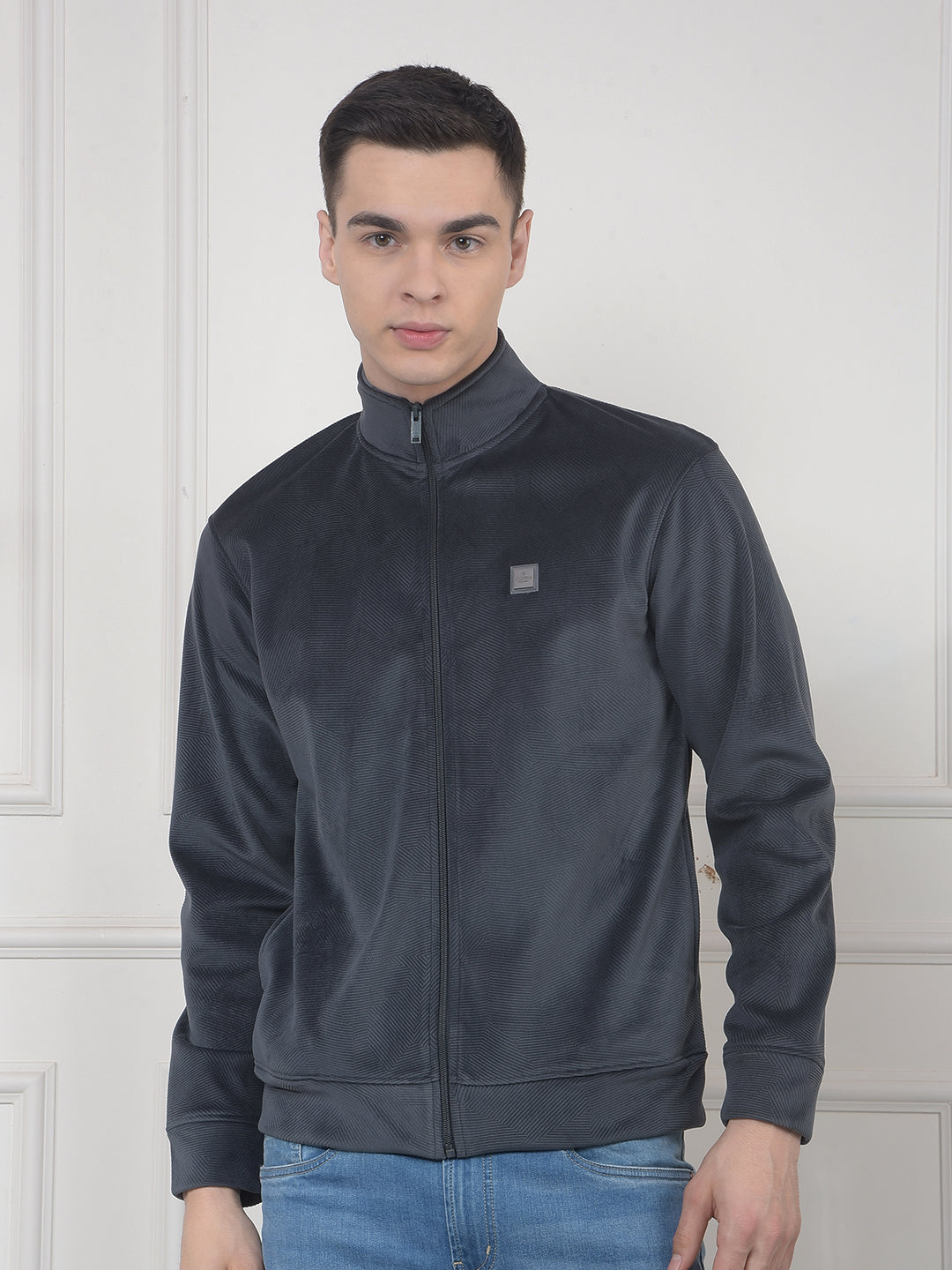 cobb dark grey self-design zip-up velvet sweatshirt