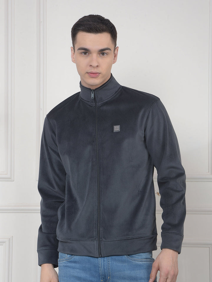 cobb dark grey self-design zip-up velvet sweatshirt