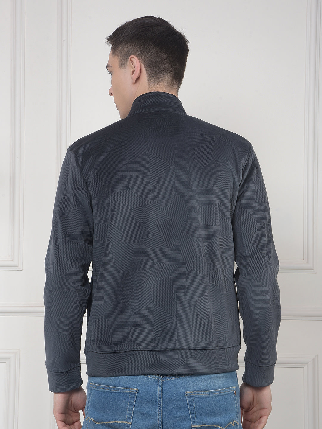 cobb dark grey self-design zip-up velvet sweatshirt