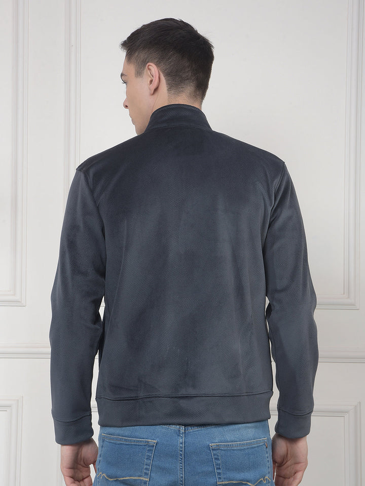 cobb dark grey self-design zip-up velvet sweatshirt