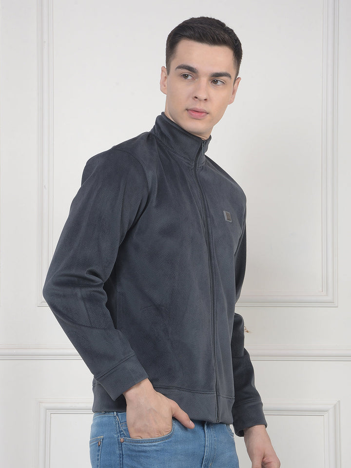 cobb dark grey self-design zip-up velvet sweatshirt