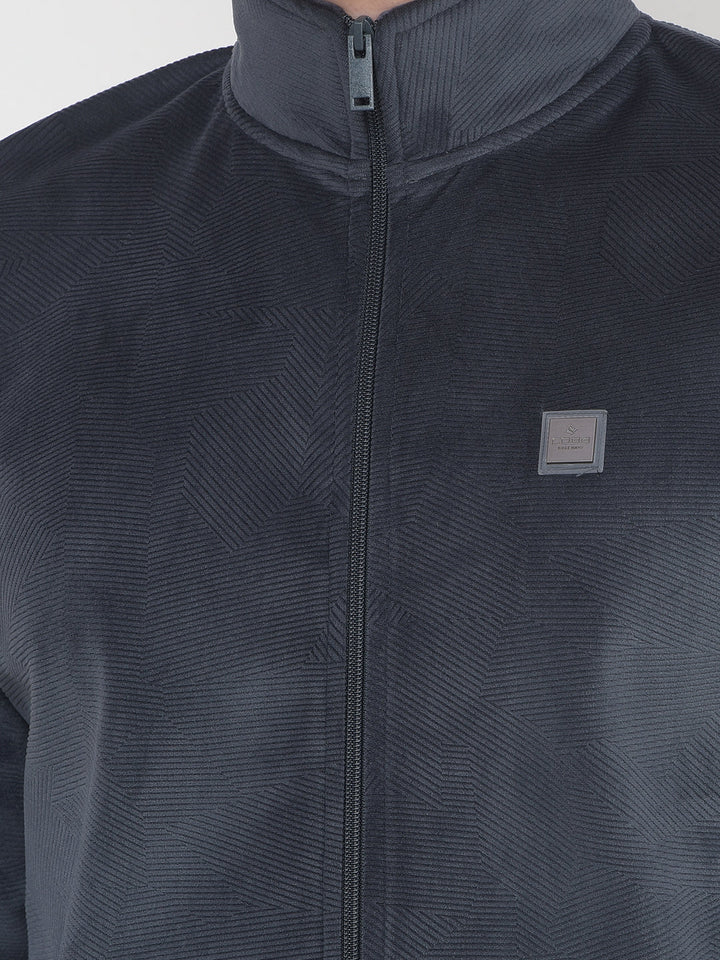 COBB DARK GREY SELF-DESIGN ZIP-UP VELVET SWEATSHIRT