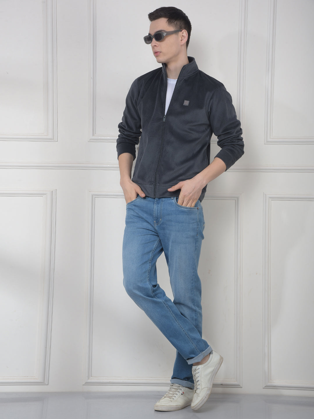 COBB DARK GREY SELF-DESIGN ZIP-UP VELVET SWEATSHIRT