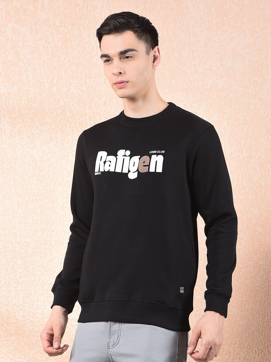 COBB BLACK PRINTED ROUND NECK SWEATSHIRT