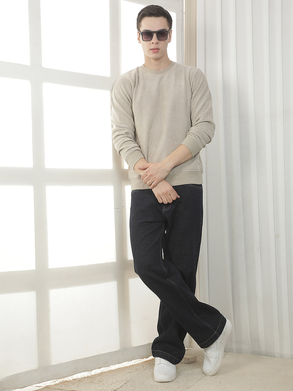 beige solid round sweatshirt