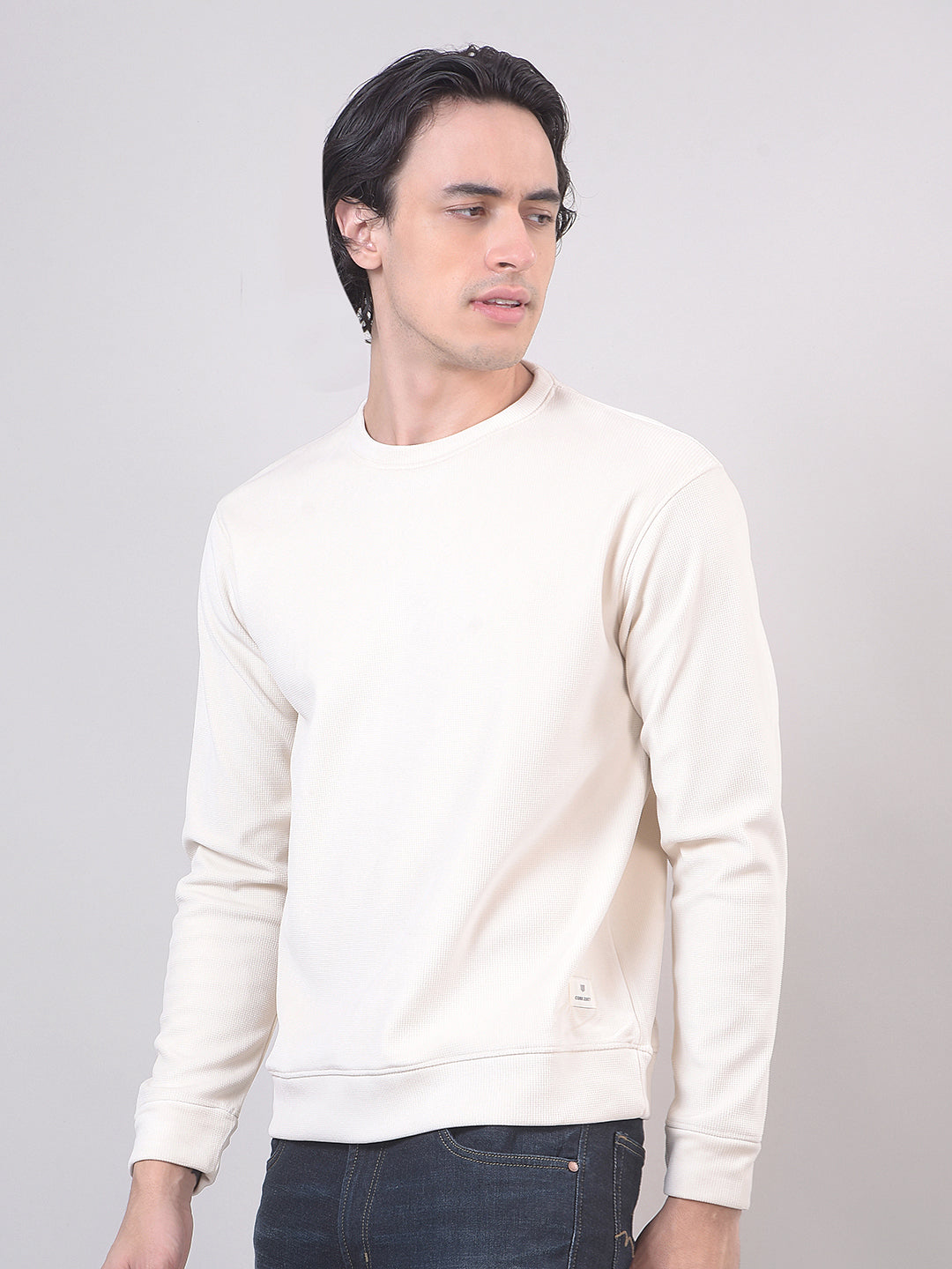 Light Beige Textured Round Sweatshirt