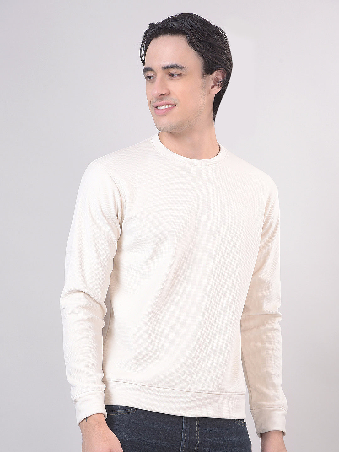 Light Beige Textured Round Sweatshirt