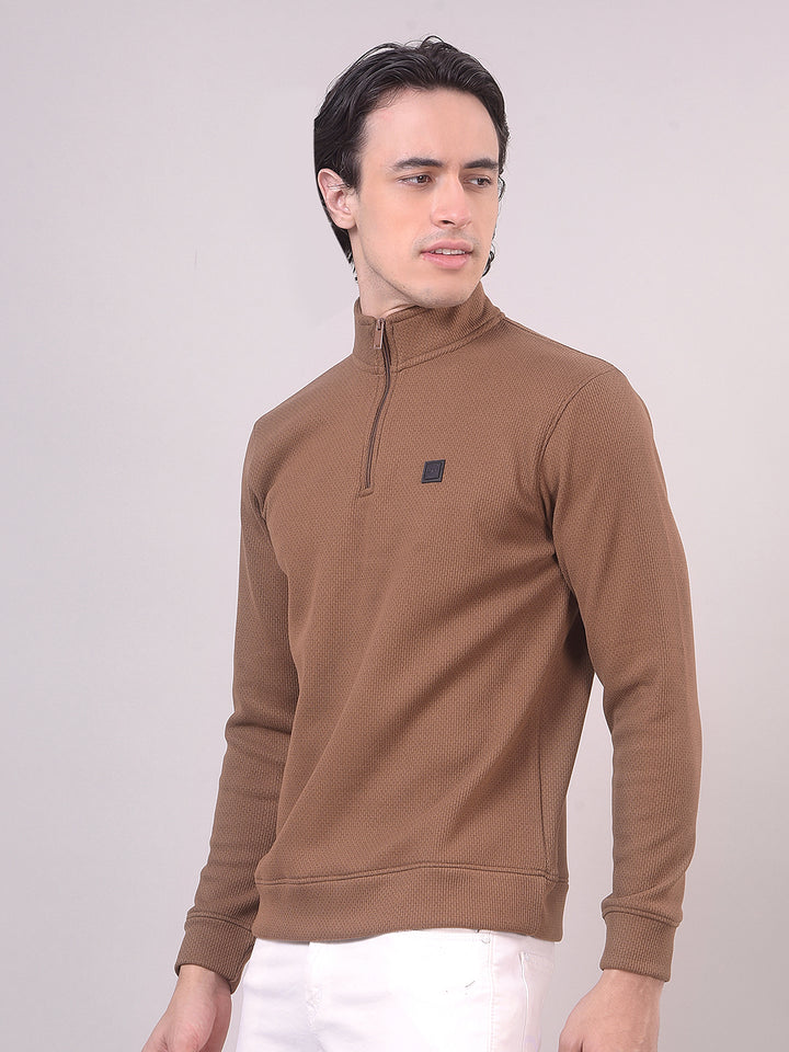 Coffee Textured Half-Zipper Sweatshirt