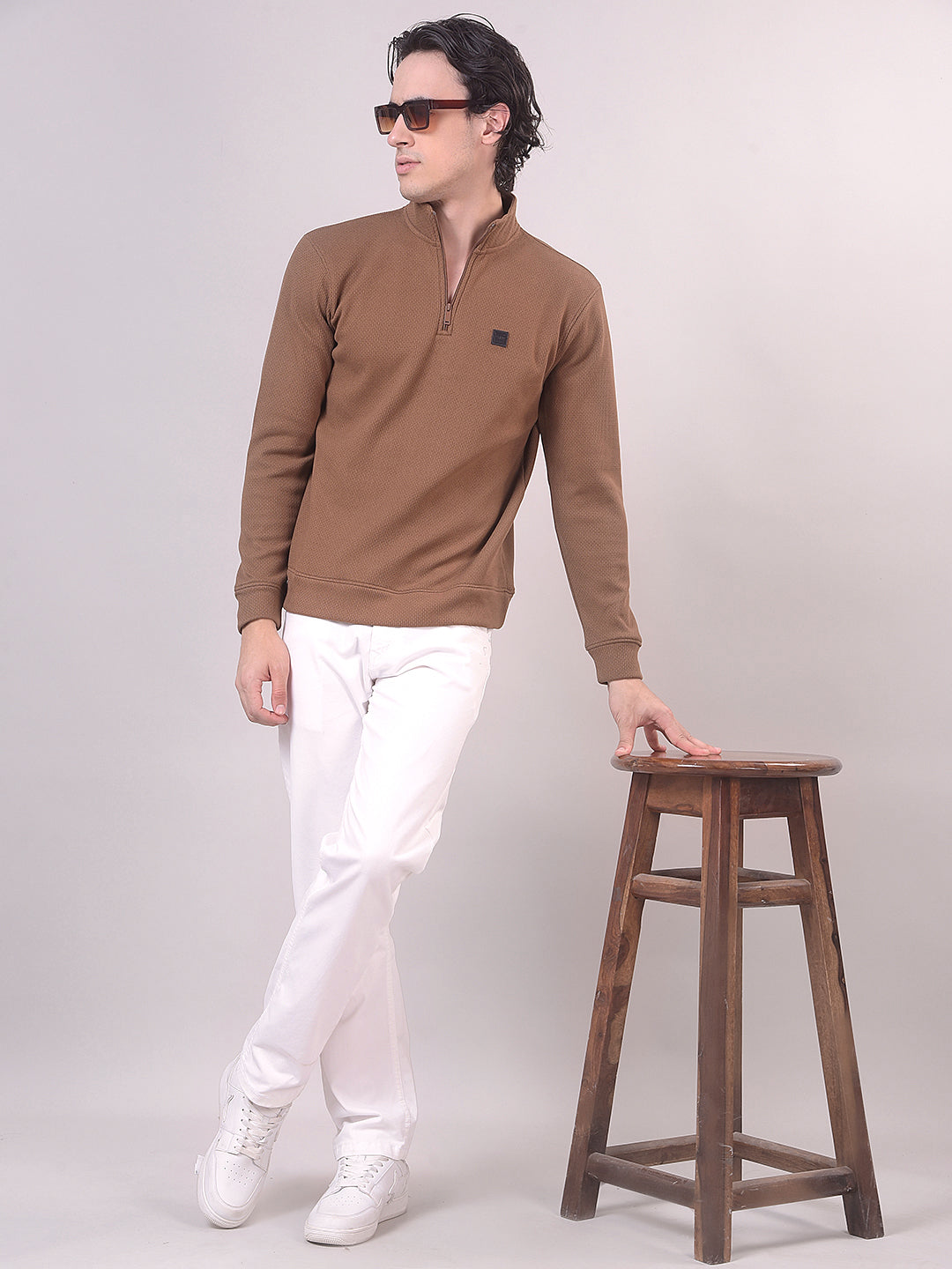 Coffee Textured Half-Zipper Sweatshirt