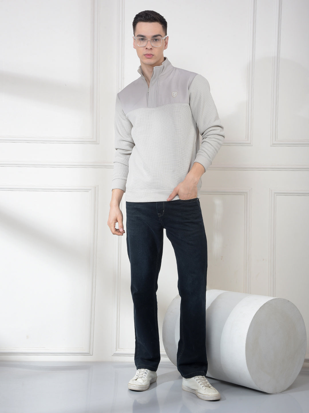 COBB BEIGE COLOR-BLOCK HALF-ZIPPER SWEATSHIRT