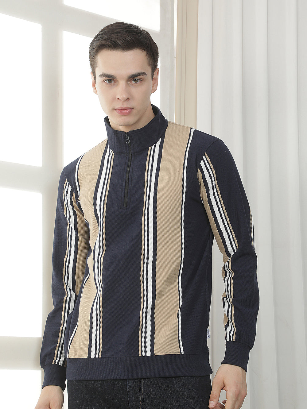 navy blue color-block zipper sweatshirt