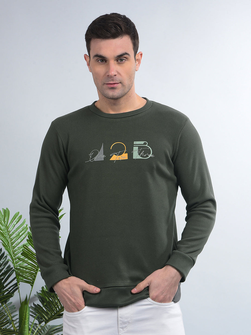 cobb dark olive printed round neck sweatshirt