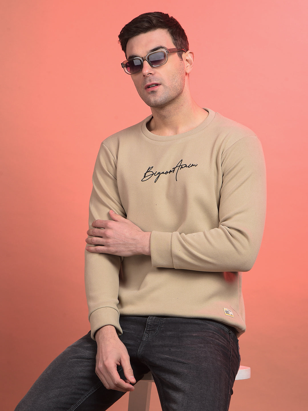 cobb solid beige round neck sweatshirt