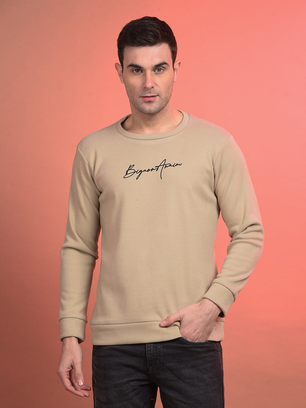 cobb solid beige round neck sweatshirt