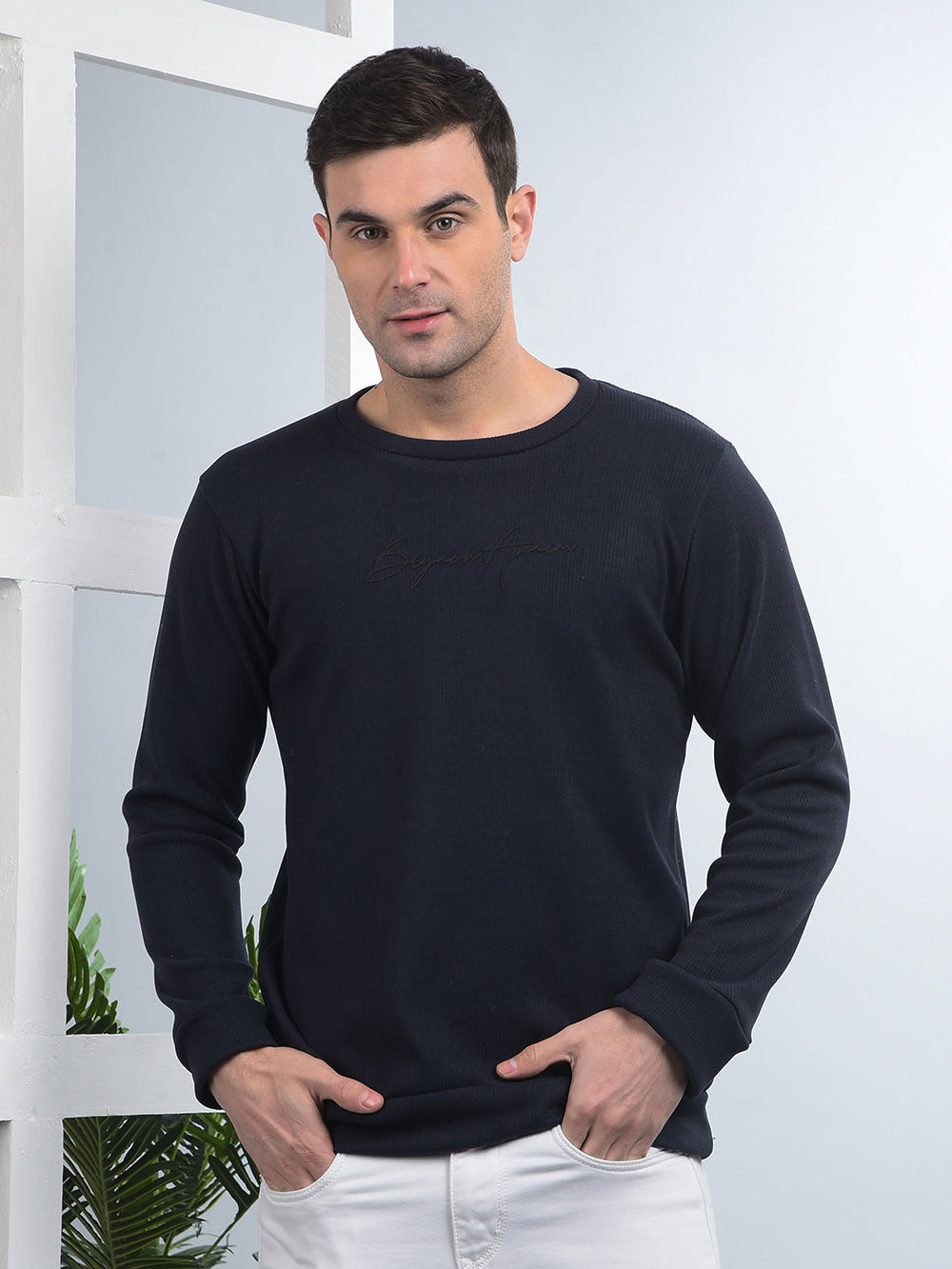 cobb solid navy blue round neck sweatshirt