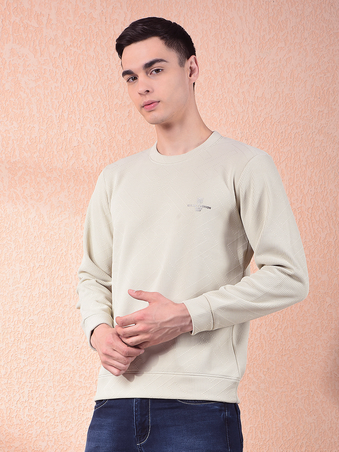 COBB BEIGE SELF-DESIGN ROUND NECK SWEATSHIRT