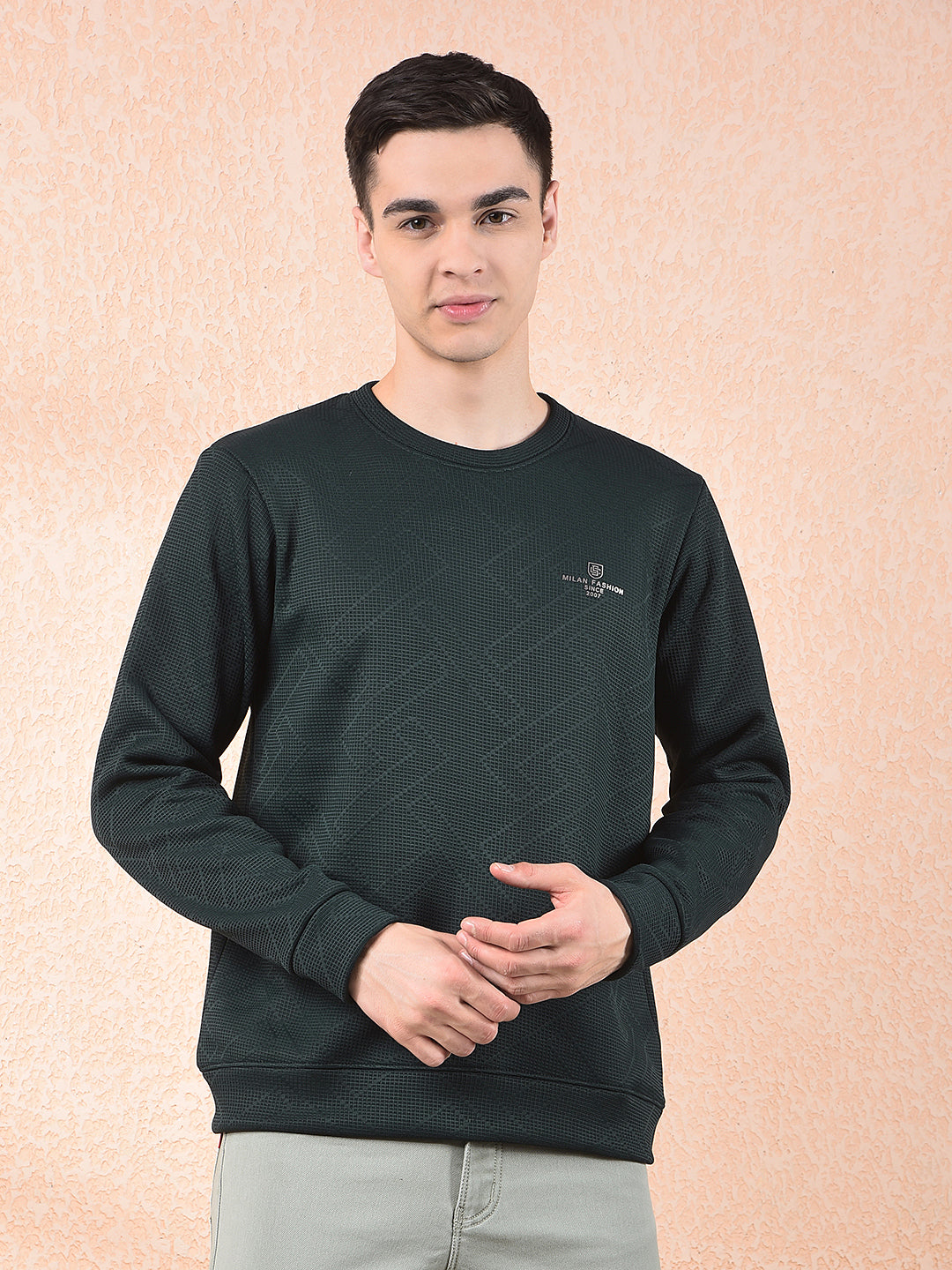 cobb bottle green self-design round neck sweatshirt