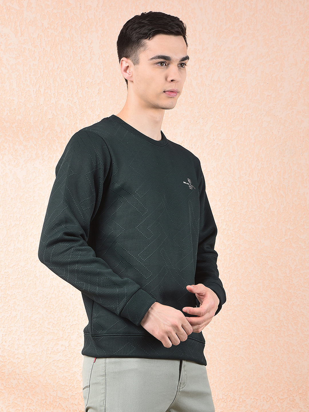 COBB BOTTLE GREEN SELF-DESIGN ROUND NECK SWEATSHIRT
