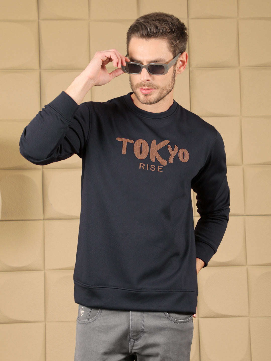 cobb navy blue printed round neck sweatshirt