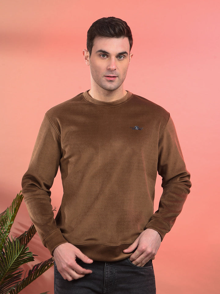 cobb solid brown round neck velvet sweatshirt