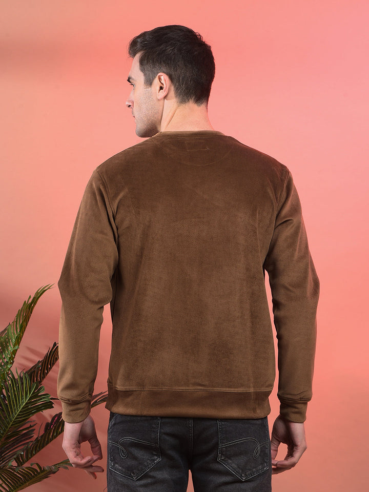 cobb solid brown round neck velvet sweatshirt