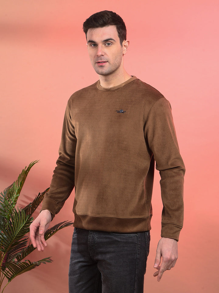 COBB SOLID BROWN ROUND NECK VELVET SWEATSHIRT