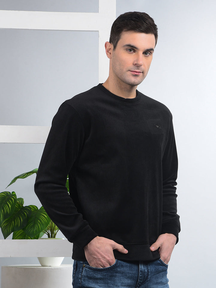 COBB SOLID BLACK ROUND NECK VELVET SWEATSHIRT