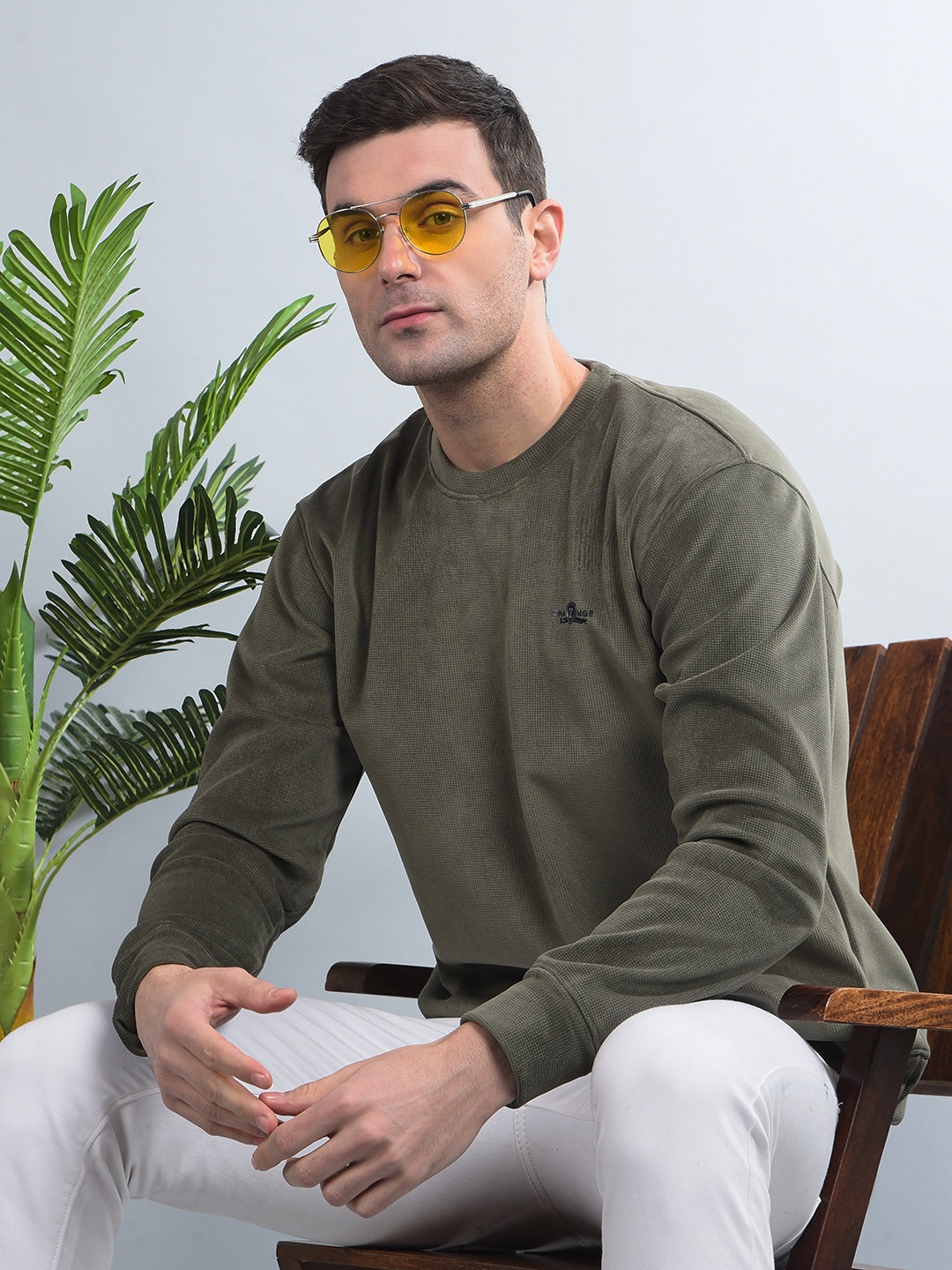 cobb solid olive round neck velvet sweatshirt