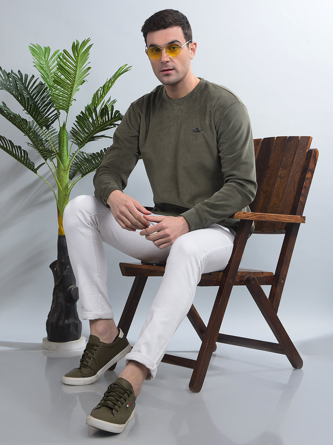 COBB SOLID OLIVE ROUND NECK VELVET SWEATSHIRT