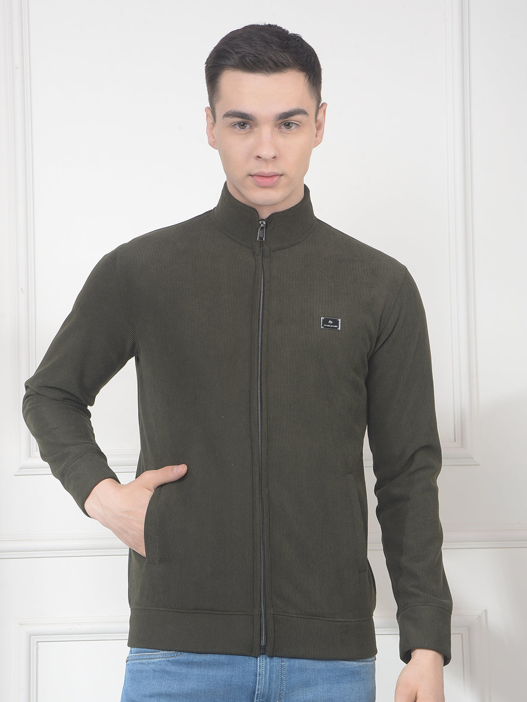 cobb olive striped zip-up velvet sweatshirt