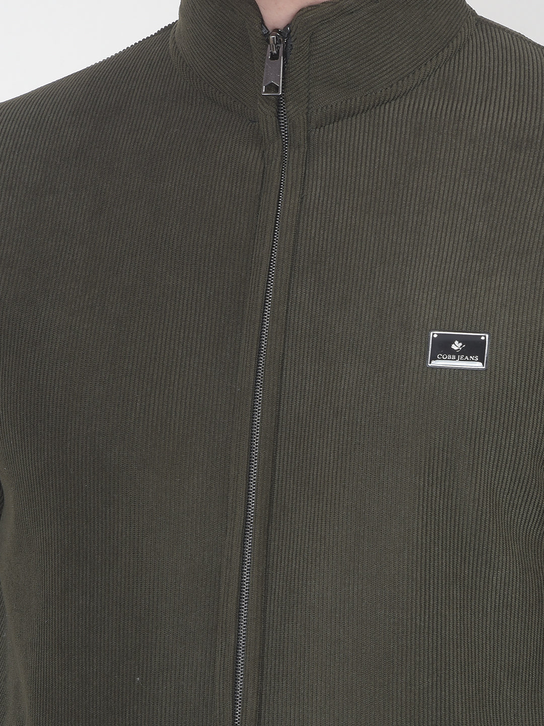 COBB OLIVE STRIPED ZIP-UP VELVET SWEATSHIRT