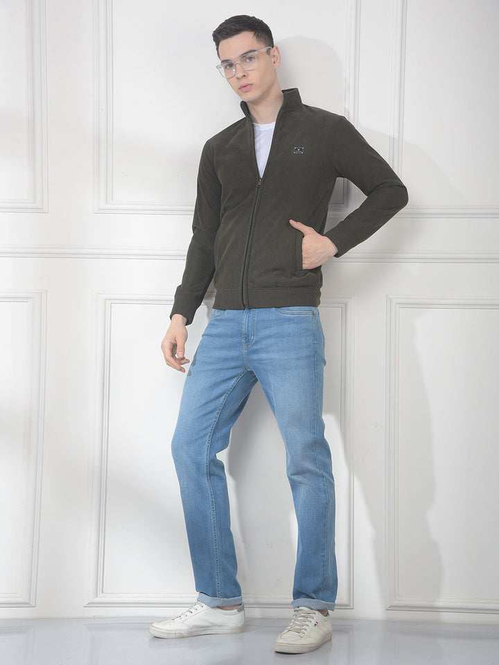 COBB OLIVE STRIPED ZIP-UP VELVET SWEATSHIRT