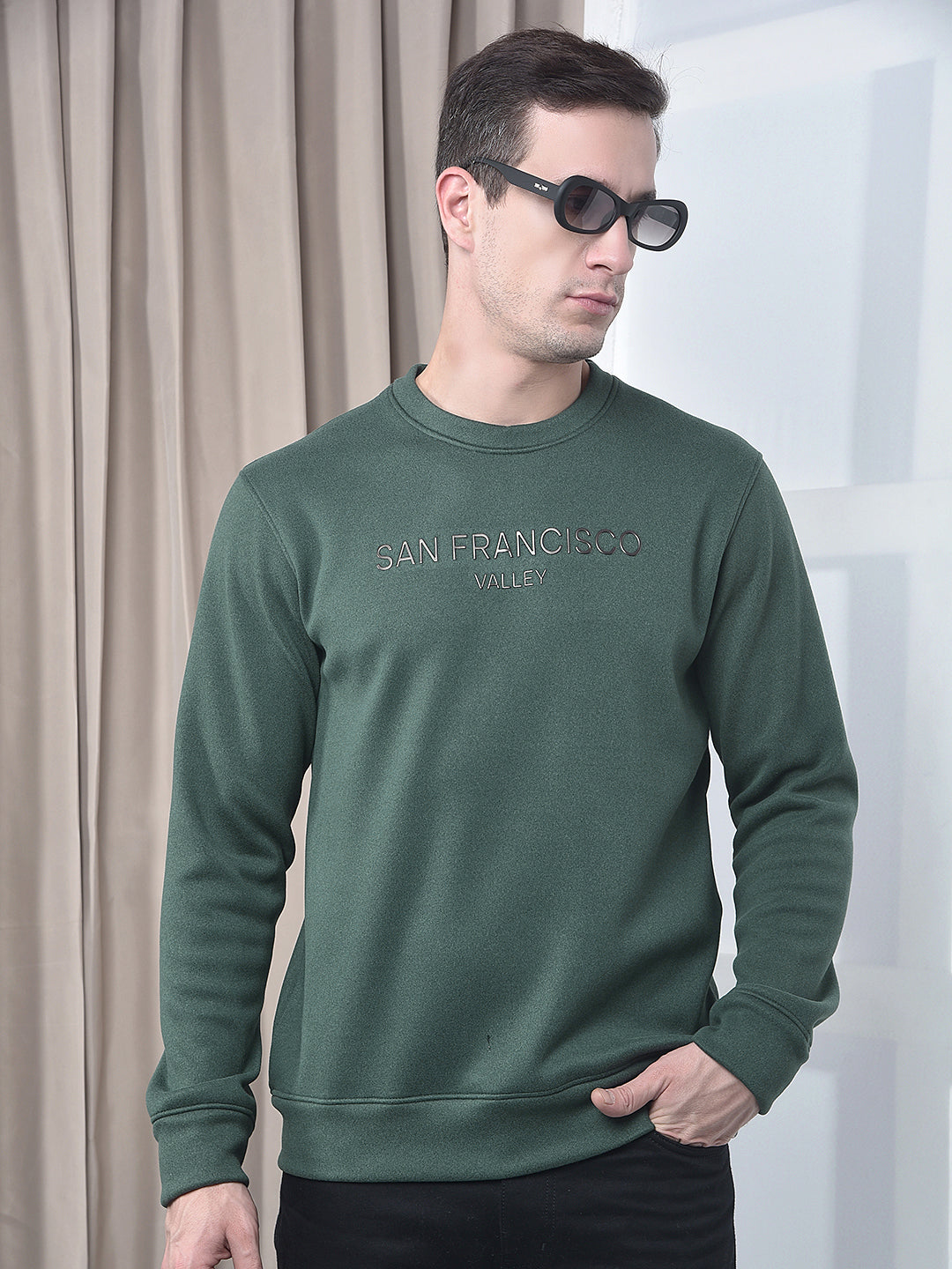 cobb bottle green printed round neck sweatshirt