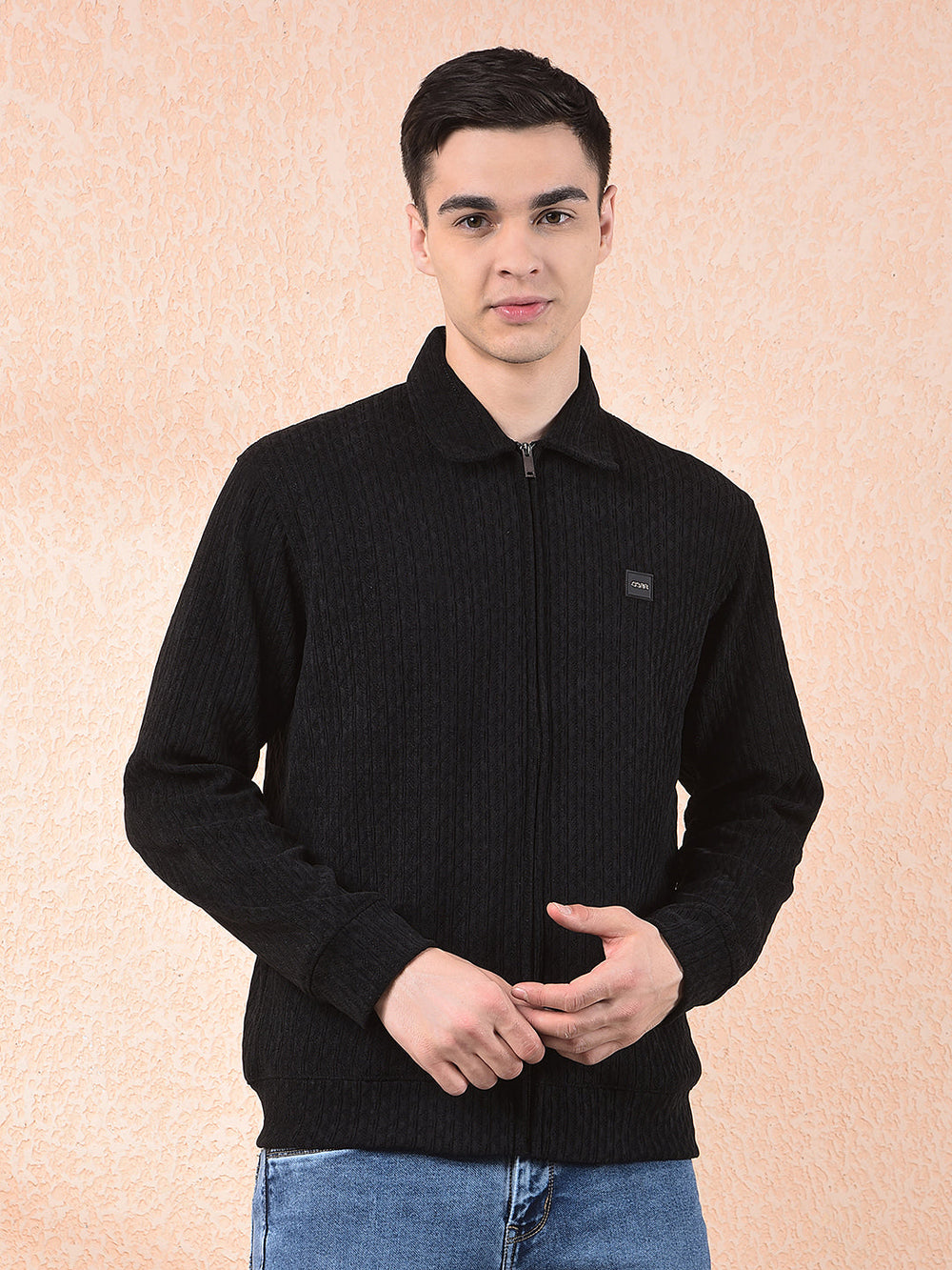 cobb black self-design zip-up sweatshirt