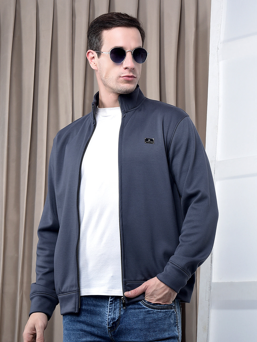 cobb solid dark grey blue zip-up sweatshirt