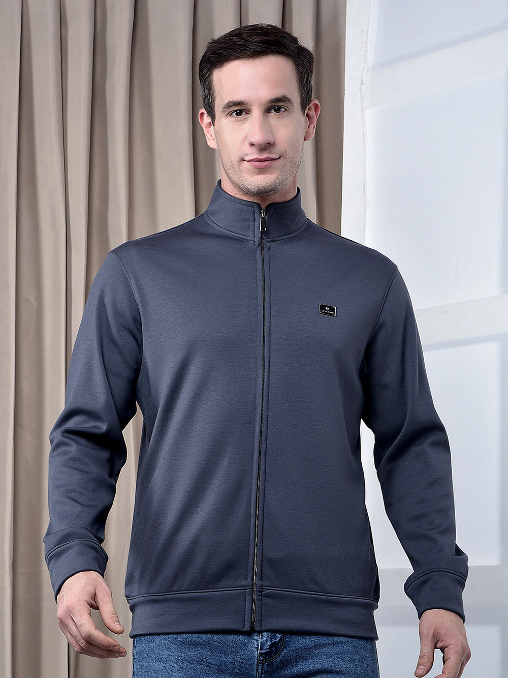cobb solid dark grey blue zip-up sweatshirt