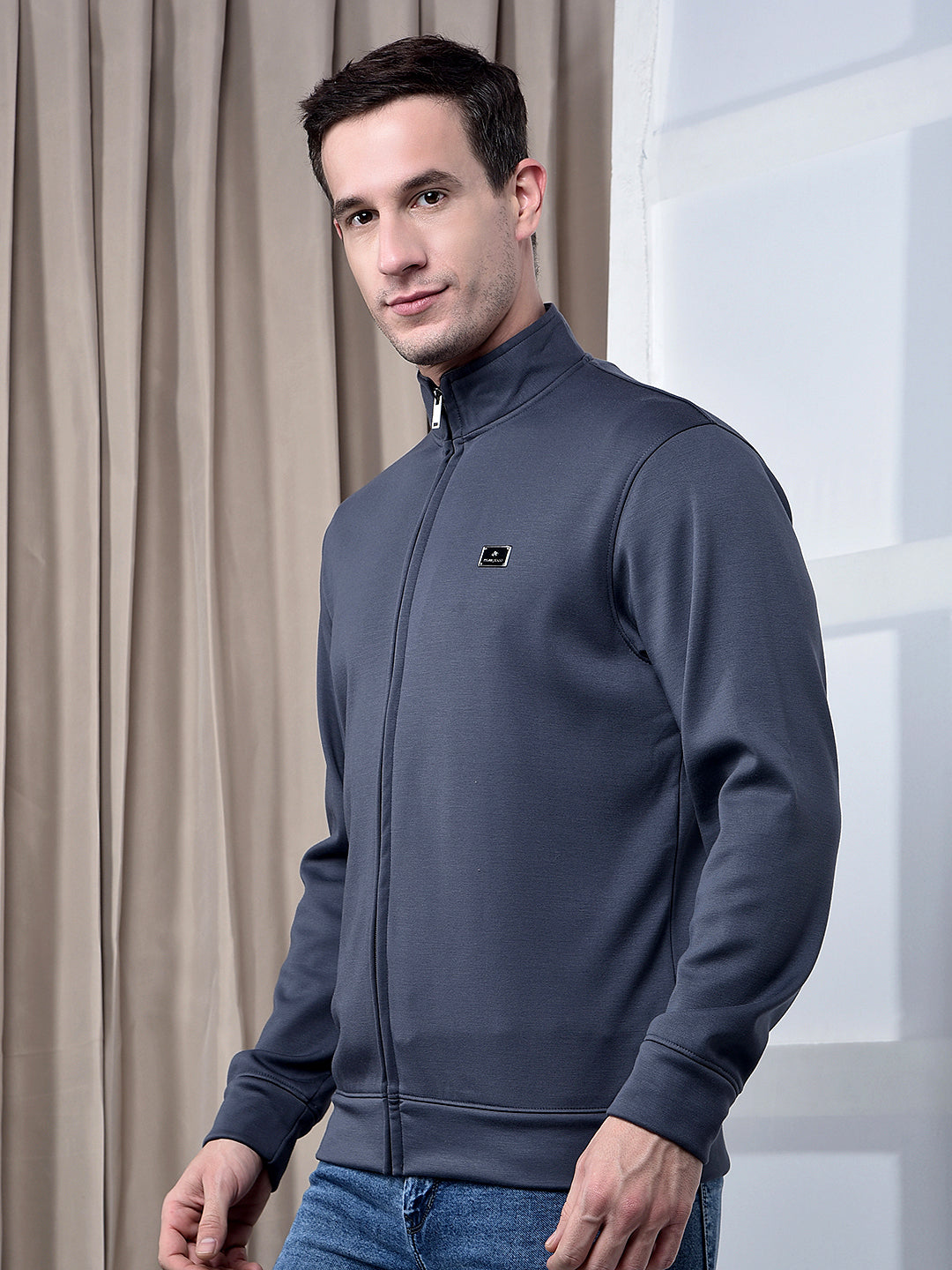cobb solid dark grey blue zip-up sweatshirt