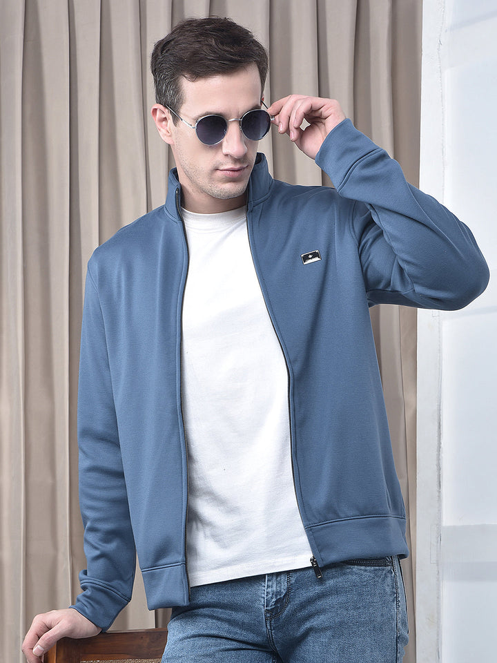 cobb solid denim blue zip-up sweatshirt