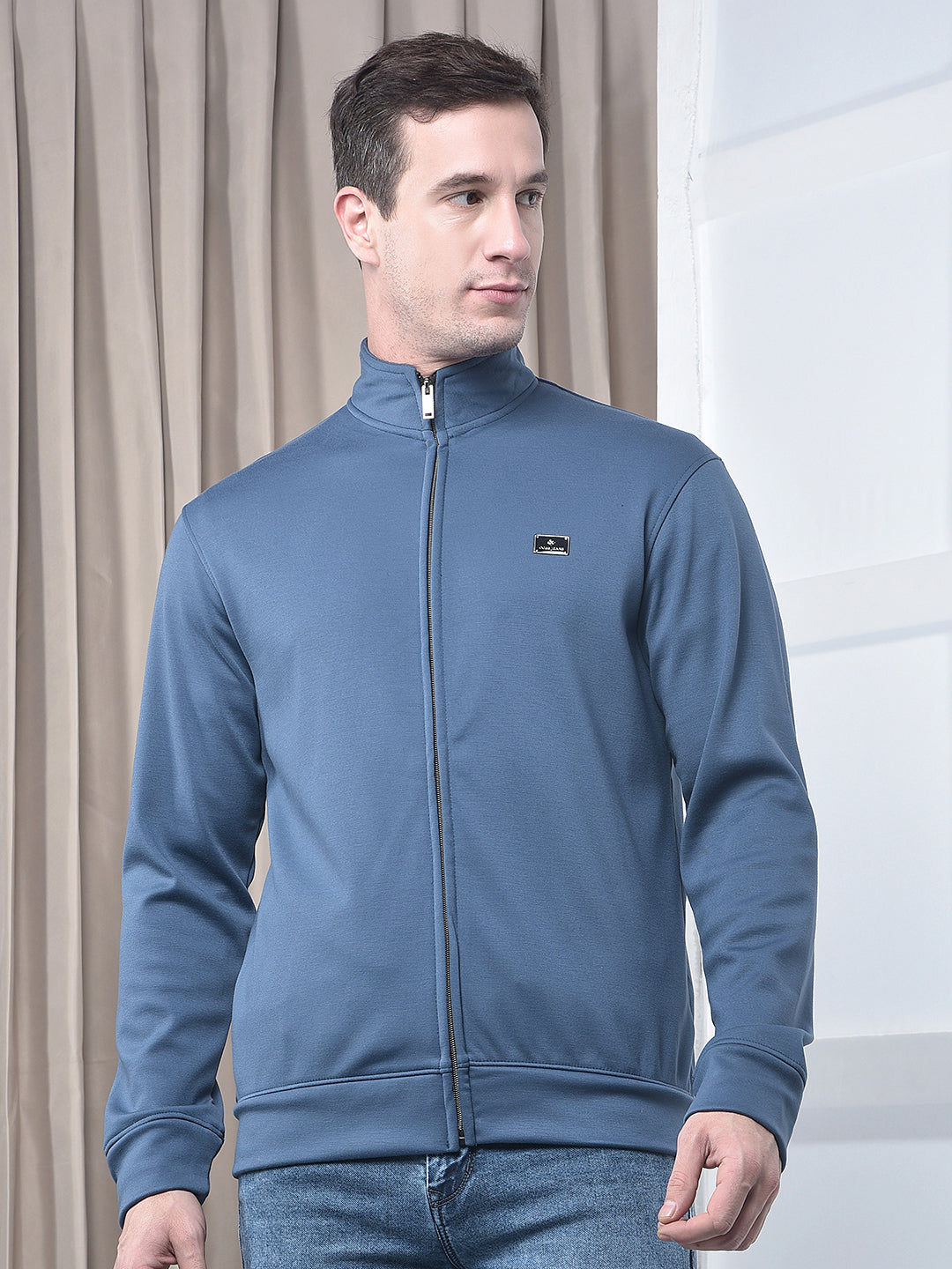 cobb solid denim blue zip-up sweatshirt