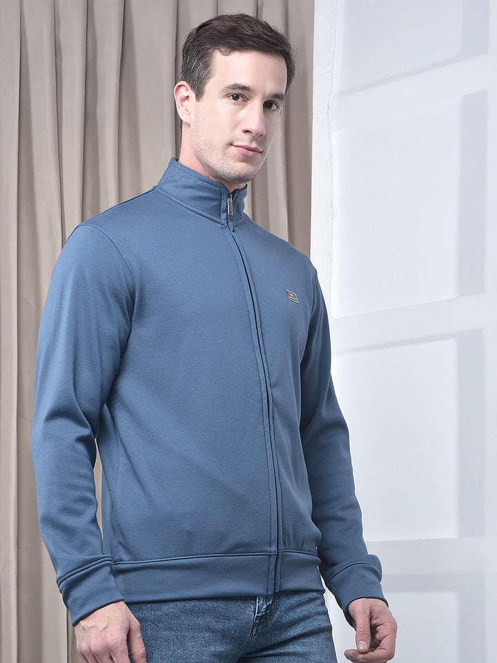 cobb solid denim blue zip-up sweatshirt