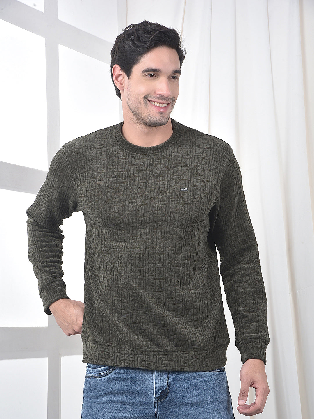cobb olive self-design round neck sweatshirt