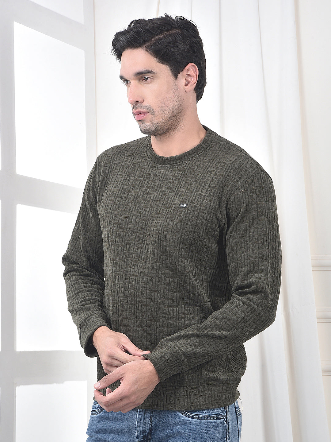 COBB OLIVE SELF-DESIGN ROUND NECK SWEATSHIRT