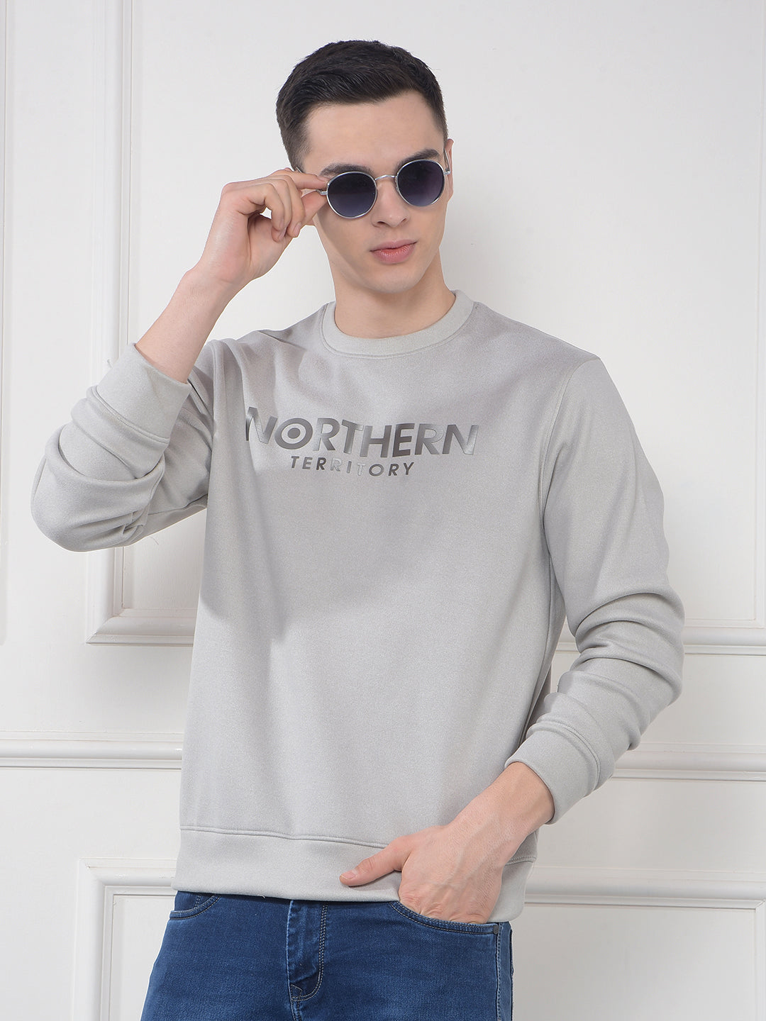 cobb light grey printed round neck sweatshirt