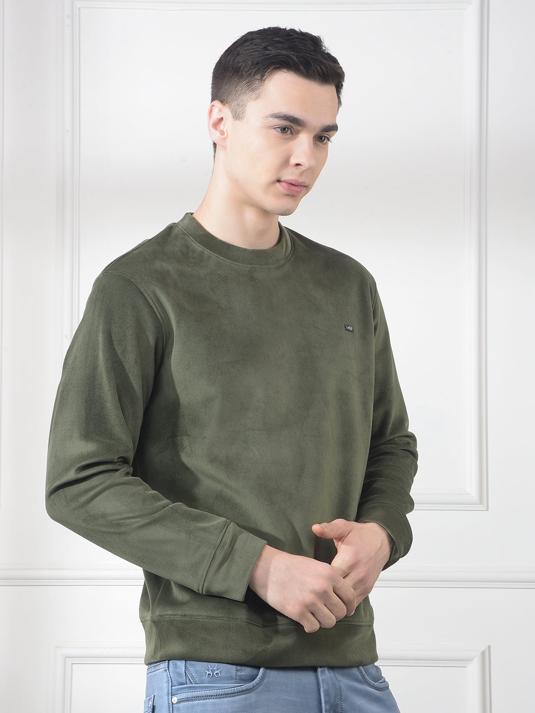cobb solid green round neck velvet sweatshirt