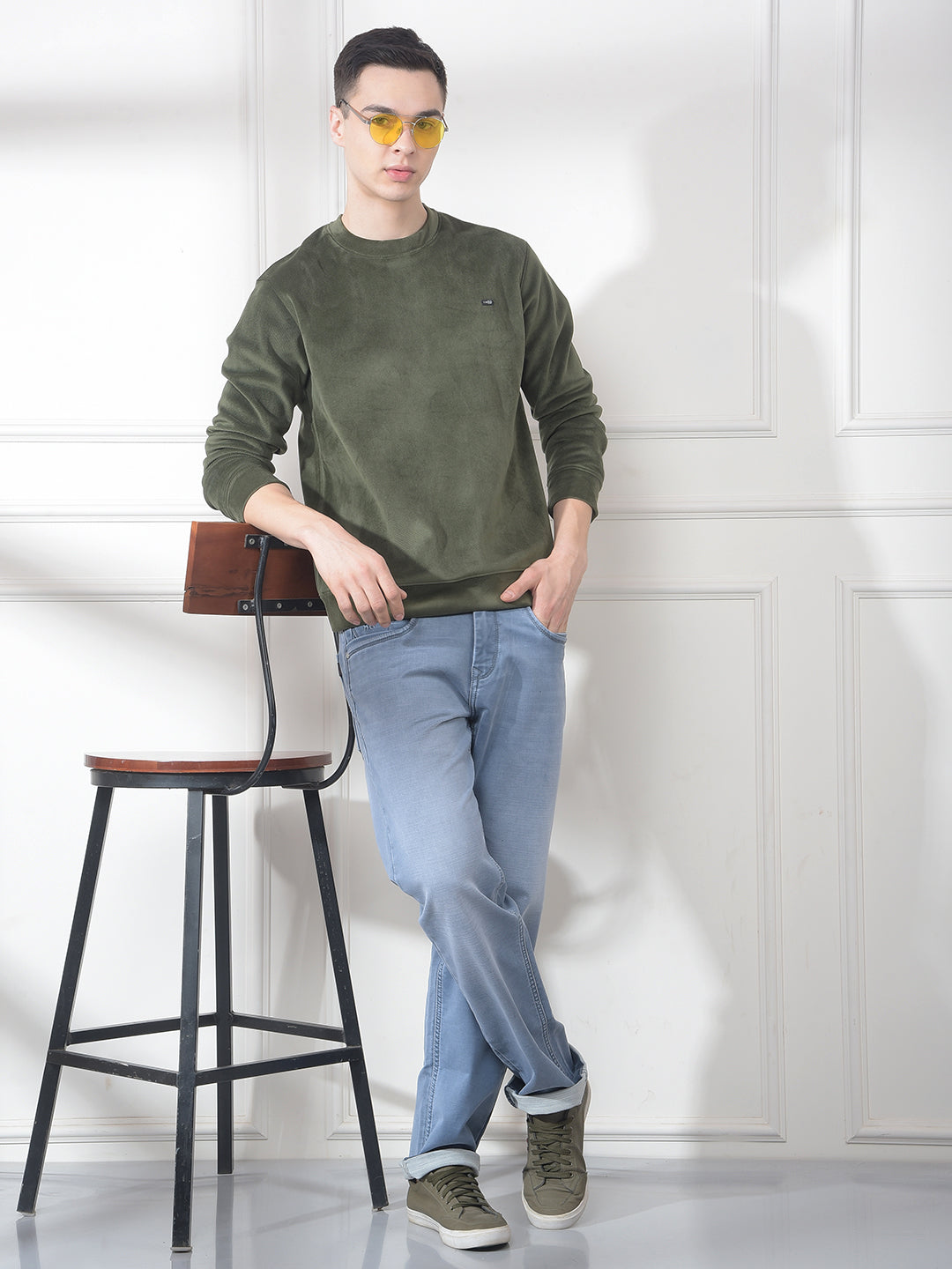 COBB SOLID GREEN ROUND NECK VELVET SWEATSHIRT