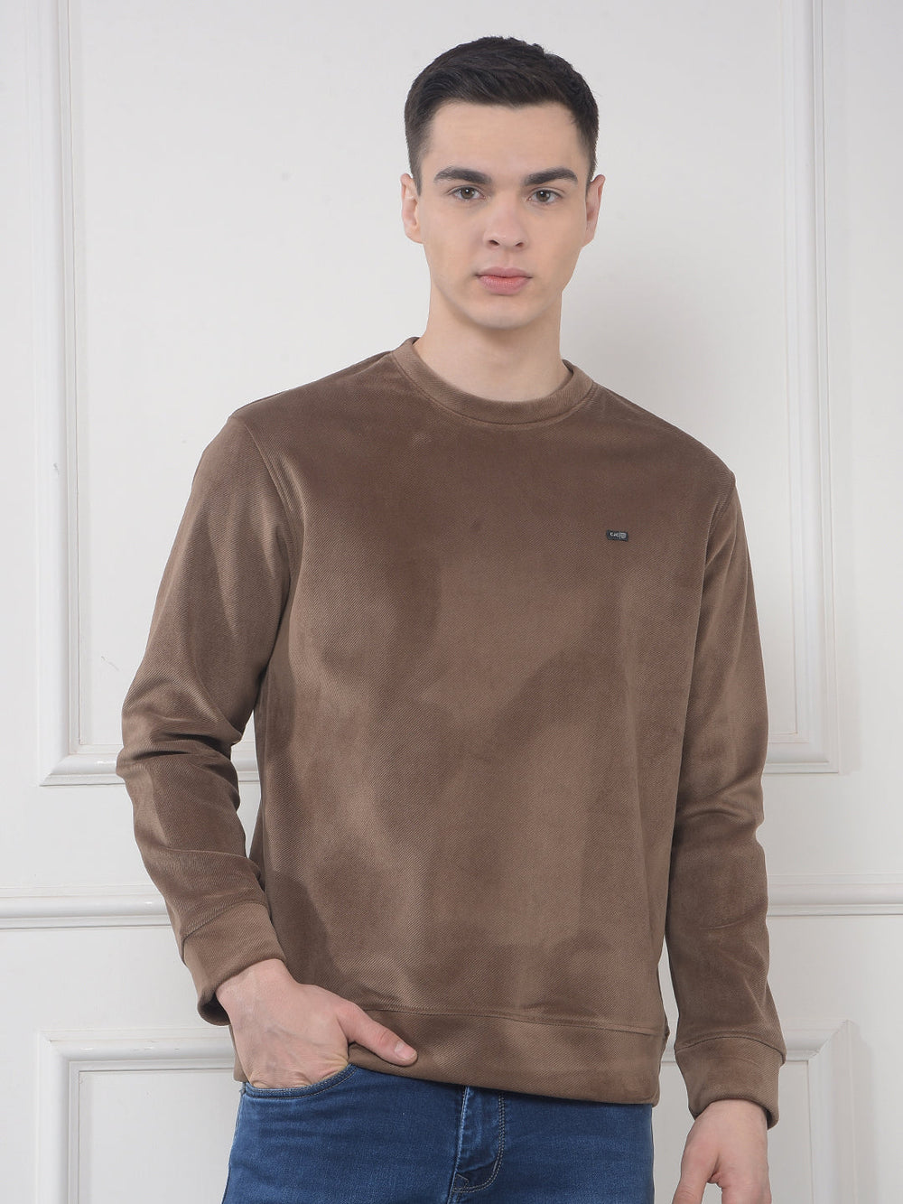 cobb solid tan round neck velvet sweatshirt
