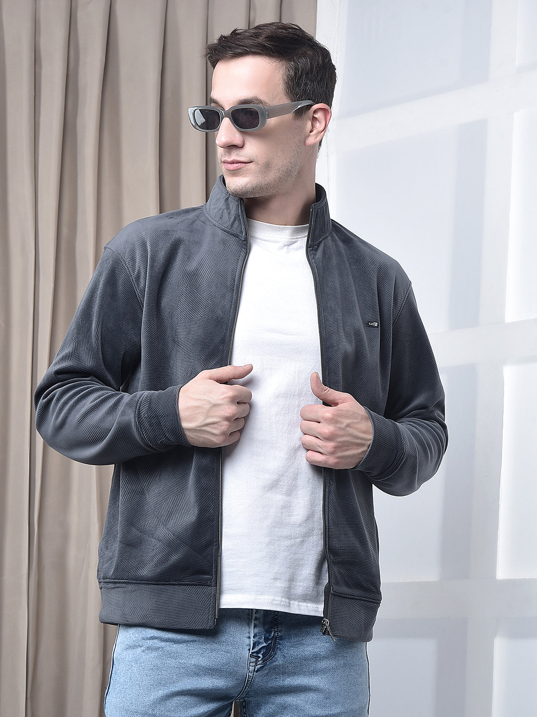 cobb solid grey zip-up velvet sweatshirt