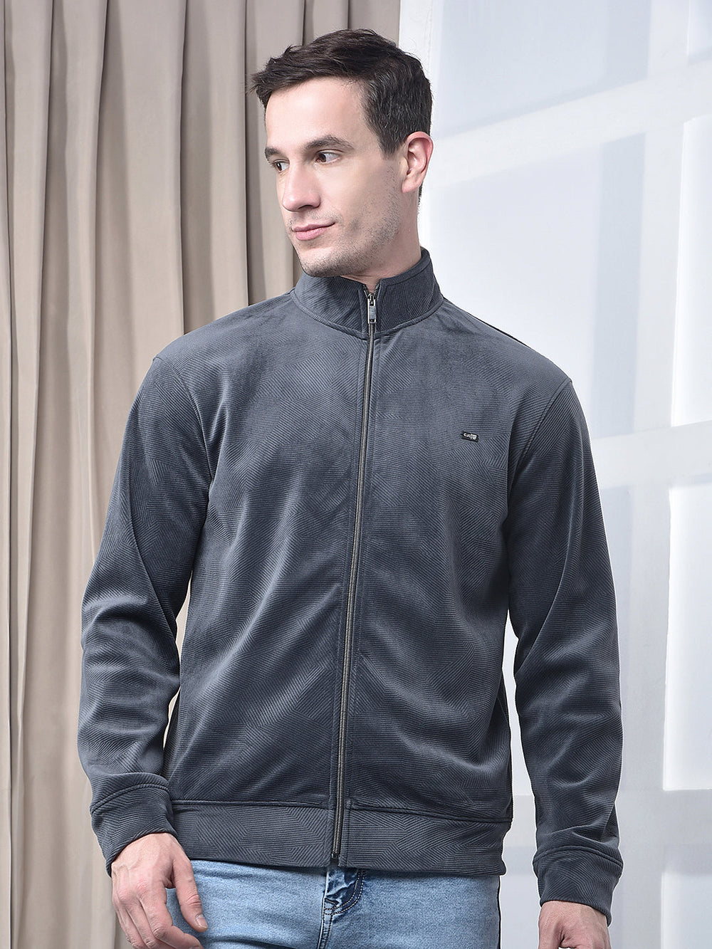 cobb solid grey zip-up velvet sweatshirt