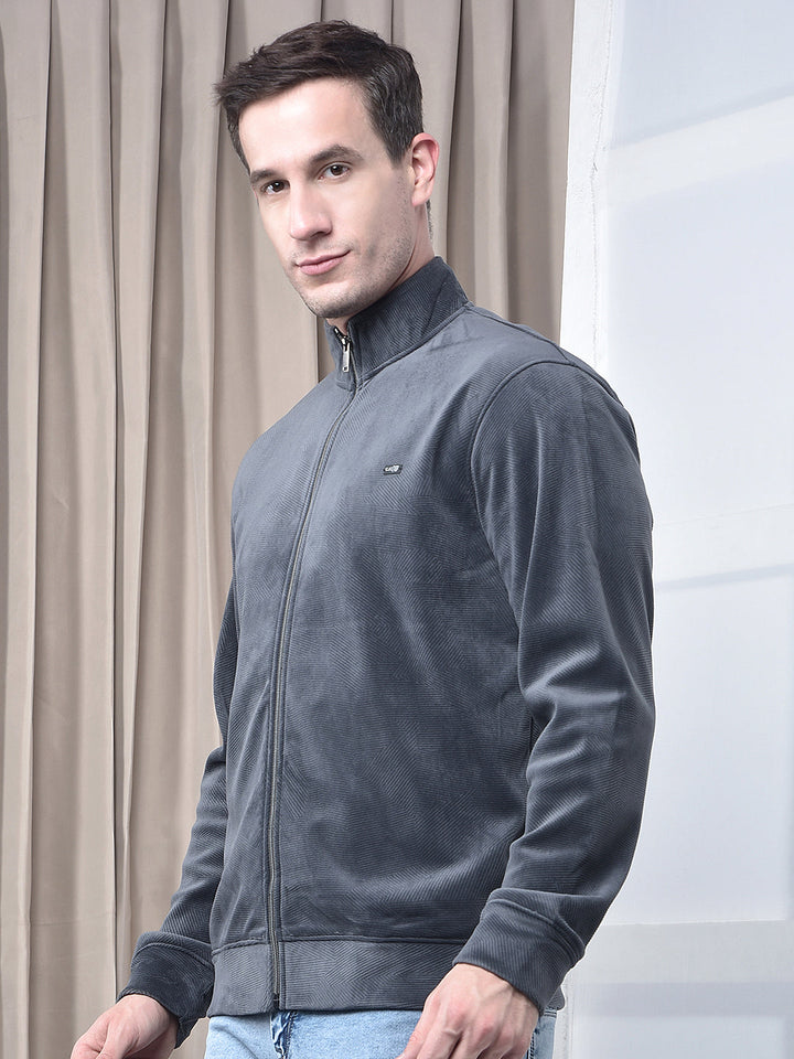 cobb solid grey zip-up velvet sweatshirt