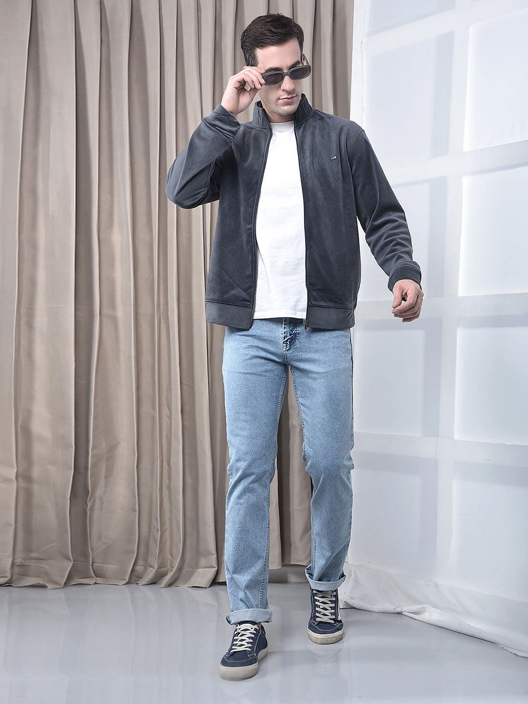 COBB SOLID GREY ZIP-UP VELVET SWEATSHIRT